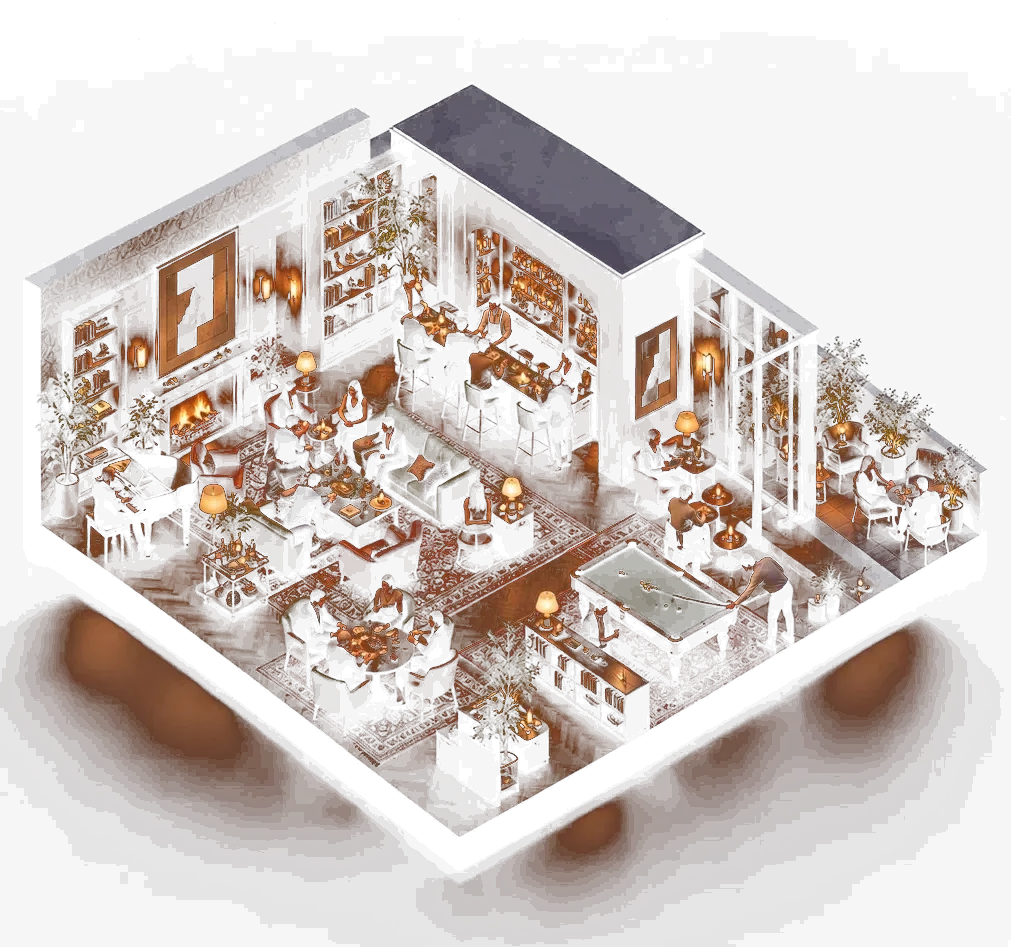 Cutaway of a members club, with a fireplace lounge, a bar, a card table and a billiards room